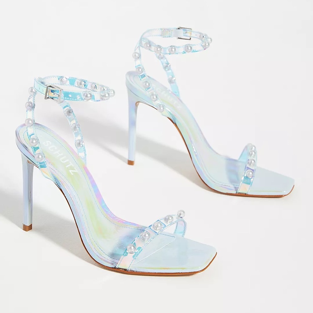 SCHUTZ Iridescent Pearl Embellished Ankle Strap Heels